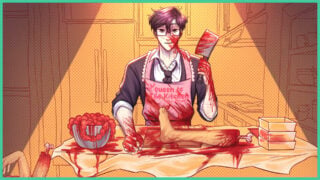The main character from My Sweet Housemate, standing at a table covered in blood as he holds up a cleaver, with a leg on a chopping board and a bowl full of intestines.