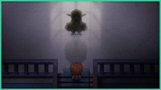 Diego from Fearsome Tale stands at the top of some stairs as he looks at a strange animalistic creature with pointy ears and strange bird-like feet.