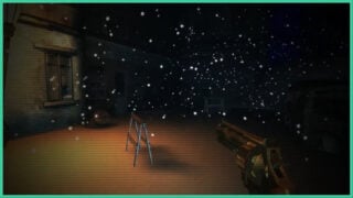 A first-person view in Beyone One's Past, as the player holds a pistol whilst approaching an abandoned building in the snow, as random objects are scattered on the ground with a parked car to the right in the dark.