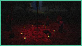 A screenshot from The Cursed Garden of a cult ritual occurring around what looks to be a cross, with the floor space filled with candles and people on their knees.