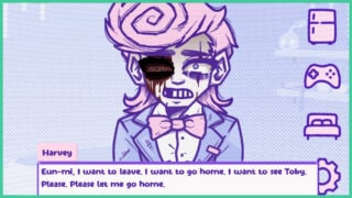 Harvey Harvington in the HUMAN EXPENDITURE PROGRAM, as he cries, with one eye gouged out. He appears within a computer screen with icons.