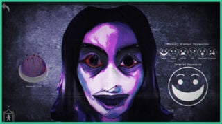 A close up of a creepy face with pins inserted around their mouth with the Expression Detection mechanic to the right in SMILE MORE.
