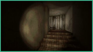 A shadow of a large spider appears on the wall as the player uses a flashlight to light up a set of stairs. You can see a spider's leg at the top of the stairs in Lurking.