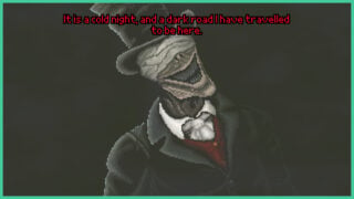 The grey man from Snarl as he grins ears to ear with a toothy smile. His eyes are covered with bandages and he wears a formal shirt and coat with a top hat.