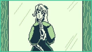 Gameboy-inspired pixel art of Eleanor from The Curse of the Mantle as she looks ahead, wearing her hair half-up as she wears an old-style dress.