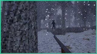 A POV shot as the player holds a shotgun and aims it at a creature standing on its hind legs in the middle of a snow-covered forest in The Not-Deer Stew.