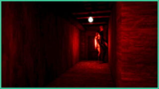 Red lights light up a hallway as a tall creature stands by a doorway with a single lightbulb on the ceiling in EXTR.
