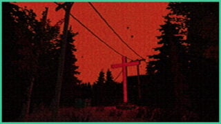 The dark forest in ON THY KNEES, which is covered in a red filter, with only the silhouettes of trees and pylons, with a tall red cross amongst them.