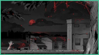 A view of the surrounding neighbourhood in Mycopsychosis. The buildings are covered in blood as the moon turns red amidst a dark sky.
