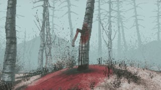 A screenshot from Bloodbark, which is a game based on the painting by Eduardo Valdes-Hevia. This image is a pixelated version of the piece of work from the game, which features an axe stuck in a tree, with blood dripping.