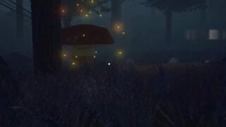 A large mushroom with glowing fireflies around it in the middle of a dark forest by a log in Mushrooming.