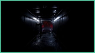 A hallway within the abandoned space station in SPECIMEN. An ominous red light shines at the end of the dimly lit hallway.