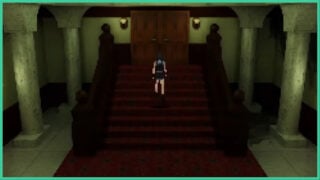 The main female character of House of Necrosis walking up a set of carpeted stairs in the mansion towards a set of double doors.