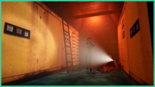 The main female character of Endless Blue holding a pistol in front of her and walking down a rusty corridor with water up to her ankles as a body rests against the wall with a torch on their chest.