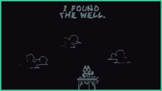 I Found the Well, a monochrome pixel horror game. A cat/rabbit-like creature smiles and waves as it stands on a platform.
