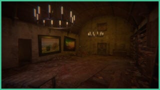 The manor from The Designer's Curse Forgotten Horrors, with two chandeliers in the ceiling, bookshelves with books all over the floor and two crooked paintings on the walls.