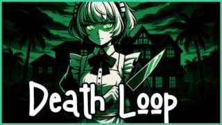 A drawing of an anime girl in a maid outfit, glaring with glowing eyes and holding a knife with the game's title, Death Loop, over the top.