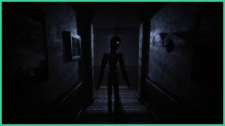 A doll-like entity standing in a hall way in Parasomnia: No REM. Shadows surround it as filtered light shines through the blinds, highlighting the frame on the wall, the wooden floorboards, and a light fixture on the wall.