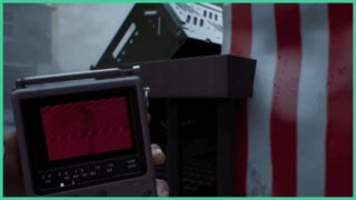 The CRTV from Silent Hill: Townfall, which features a red screen with a blurry silhouette of a monster. The CRTV from Silent Hill: Townfall, which features a red screen with a blurry silhouette of a monster.