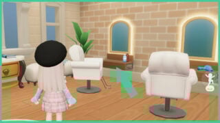 The Heartopia Salon on the second floor of the Clothing Store. There are two mirrors on the wall with chairs in front of them.