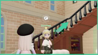 Dorothee from Heartopia in the Clothing Store as an arrow points at the staircase that leads you to the second floor.