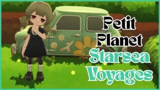 The car Petit Planet players use to take part in Starsea Voyages as a player stands to the left with their hand to their chin, deep in thought.