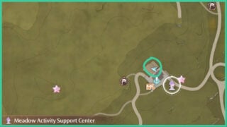 A circle marking the exact location of Peysi in Infinite Nikki, by the Meadow Activity Support Center waypoint in Breezy Meadow.