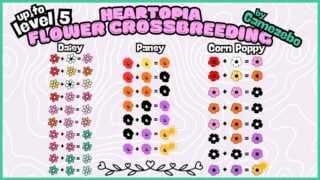 The crossbreeding colour chart for three kinds of flowers in Heartopia, including the Daisy, Poppy, and Pansy.