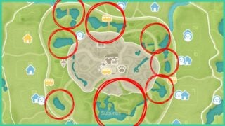 Red circles around lakes in the Suburbs, highlighting the known locations of the Heartopia Winter Birds. Red circles around lakes in the Suburbs, highlighting the known locations of the Heartopia Winter Birds.