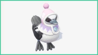 The Winter Smew in Heartopia, wearing a pink and purple hat and scarf. The Winter Smew in Heartopia, wearing a pink and purple hat and scarf.