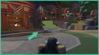 The spawn point in Stonewake's Cross in The Forge. An arrow points to the pathway past the weapon merchant stall, towards a hill to the left of Greedy Cey's stall.