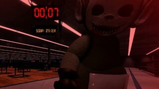 Screenshot from Darkest Hours, showing a player's POV of dying to one of the Brute Twins. The screen is tinted red and a monstrous Teletubby with black eyes and a tooth mouth grins at the viewer. 