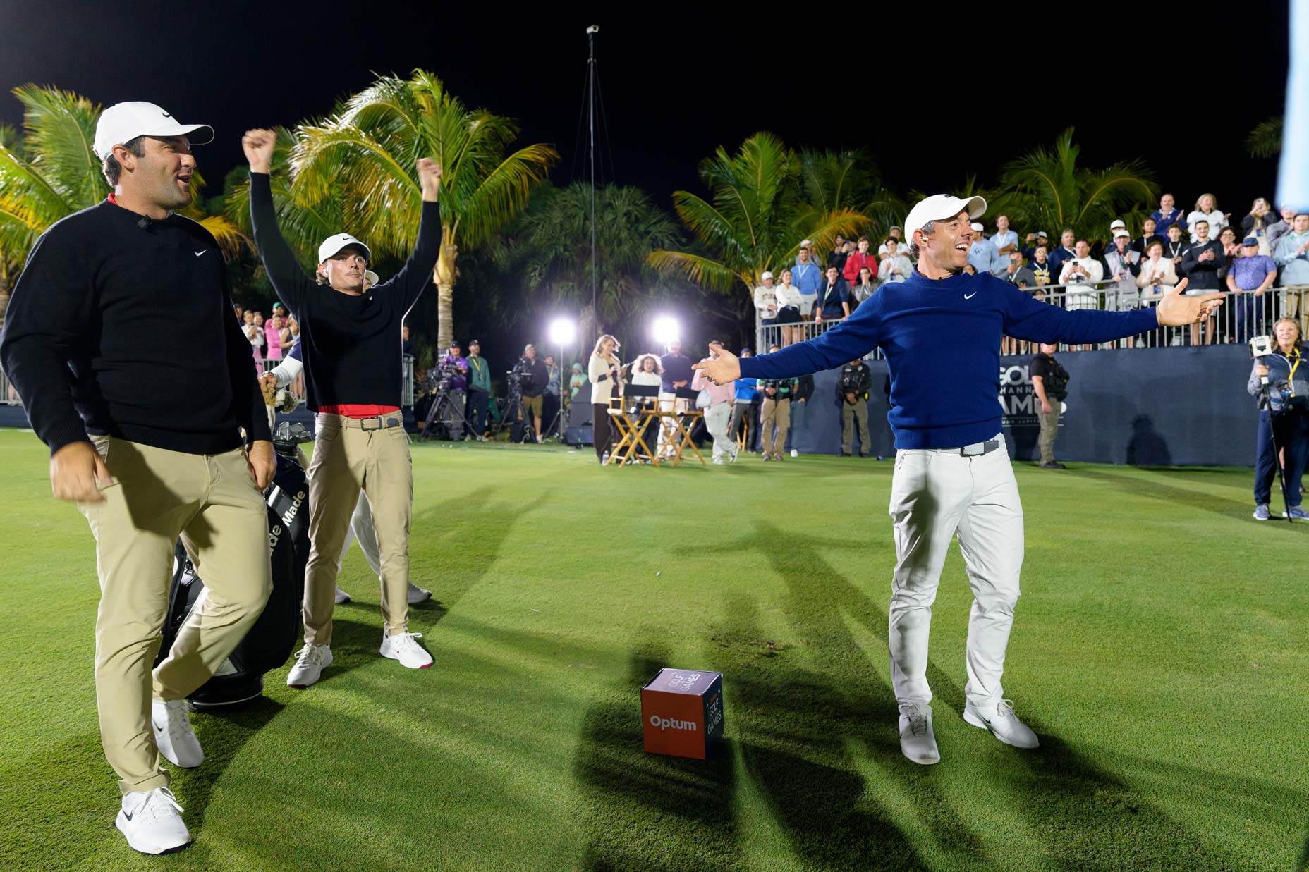 Scottie Scheffler, Luke Clanton and Rory McIlroy (L-R)