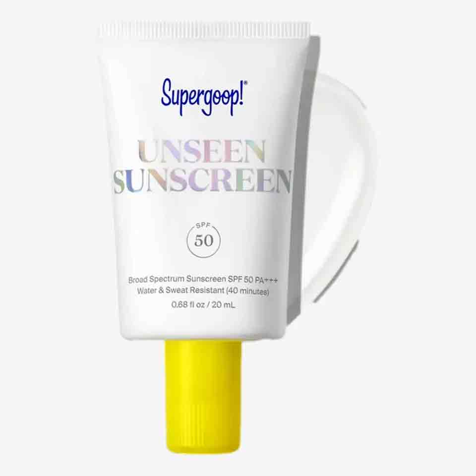 A tube of Supergoop! Unseen Sunscreen SPF 50 with a white body, iridescent text, a yellow cap, and water and sweat resistance details&mdash;perfect as one of this year's stylish accessories or thoughtful Mother's Day gifts.