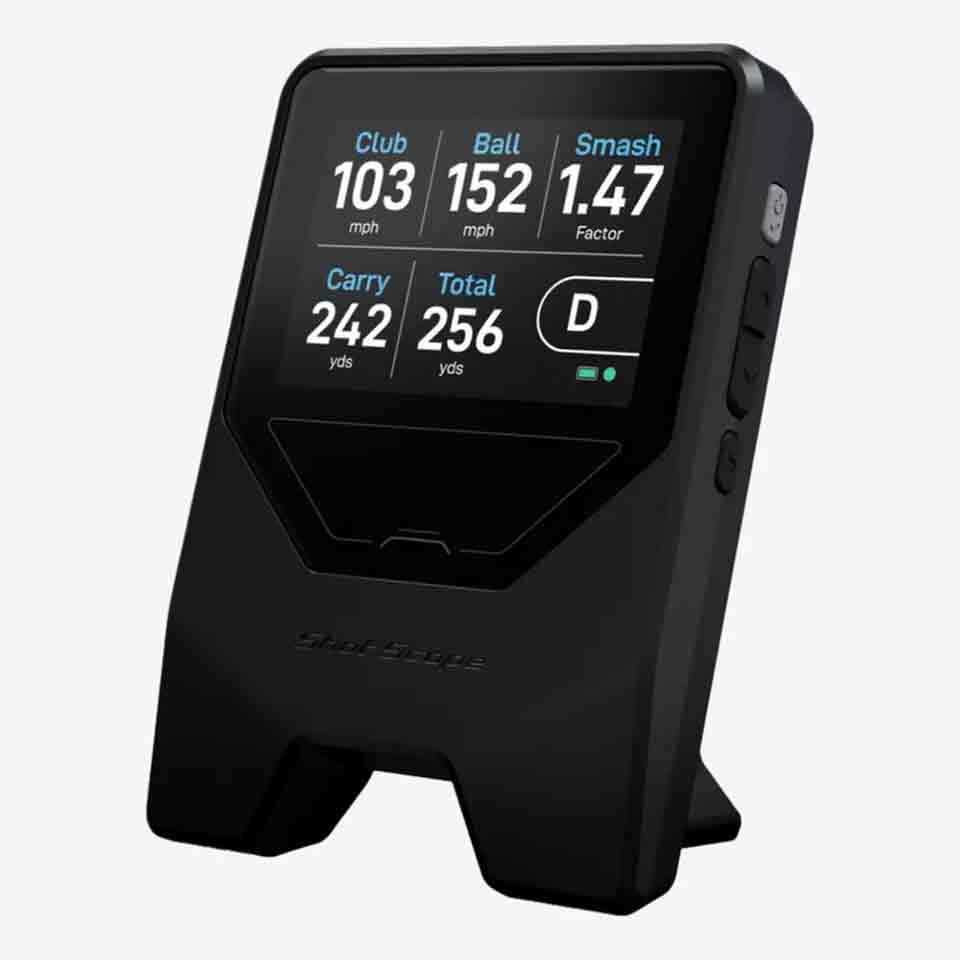 A black electronic golf launch monitor displays metrics: Club 103 mph, Ball 152 mph, Smash 1.47 factor, Carry 242 yds, Total 256 yds. Upright with side control buttons, it&rsquo;s among the most stylish accessories and thoughtful Mother's Day gifts for golfers.