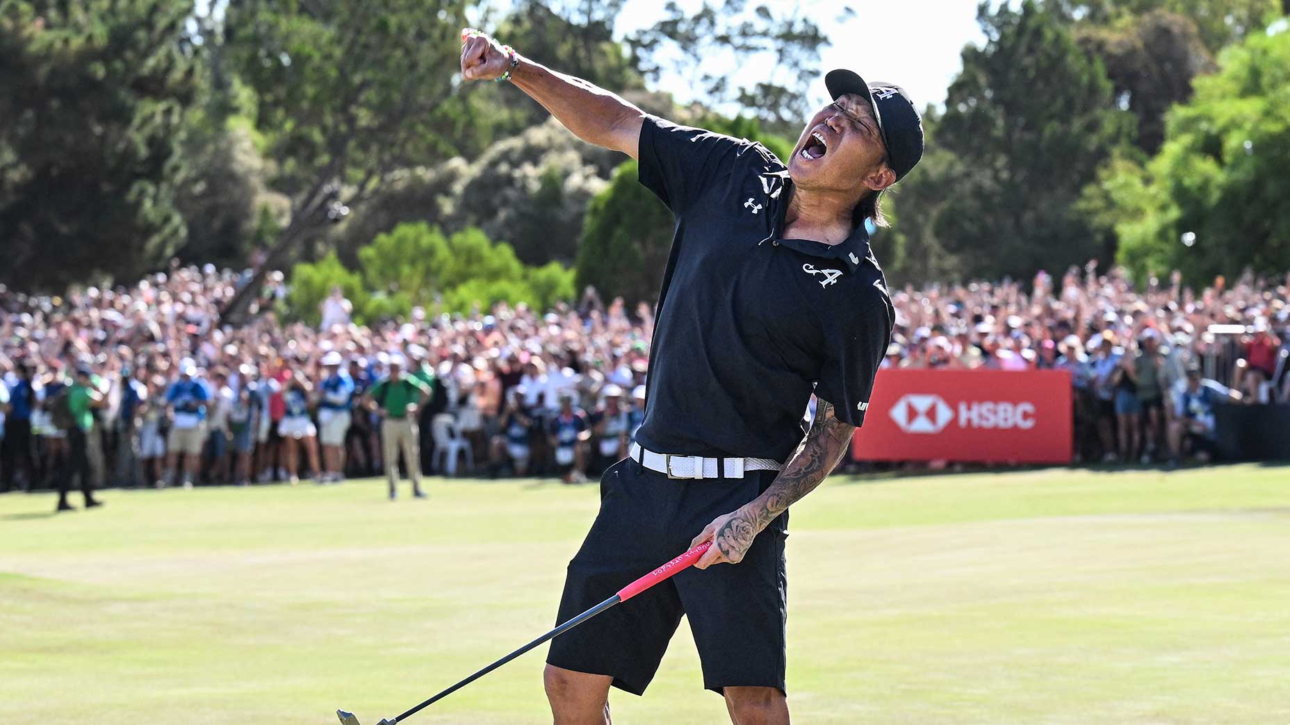 Anthony Kim celebrates his come-from-behind victory at LIV Golf Adelaide on Sunday at The Grange Golf Club in Australia.