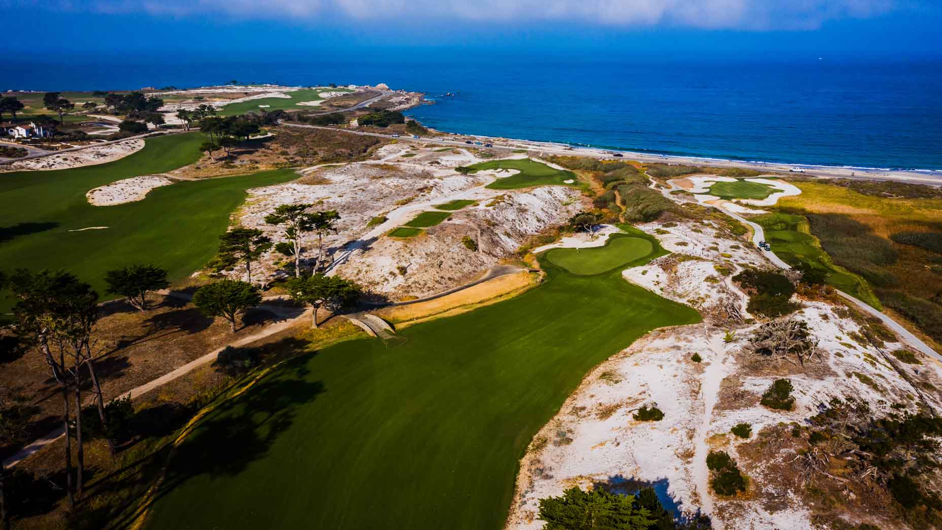 An aerial view of the second hole at Monterey Peninsula Country Club's Dunes course
