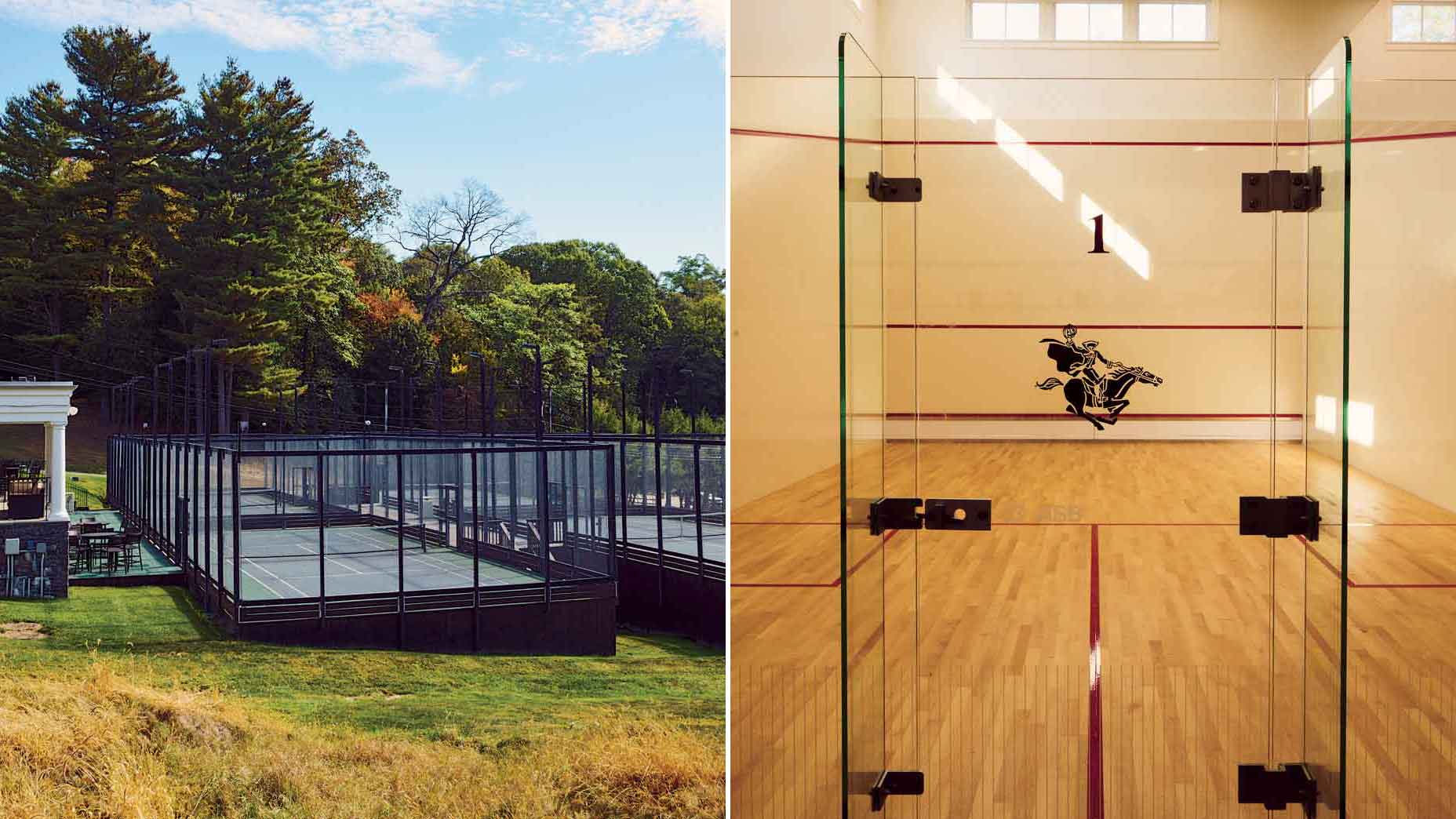 one of four sunlight-bathed squash courts; and the scenic paddle tennis complex