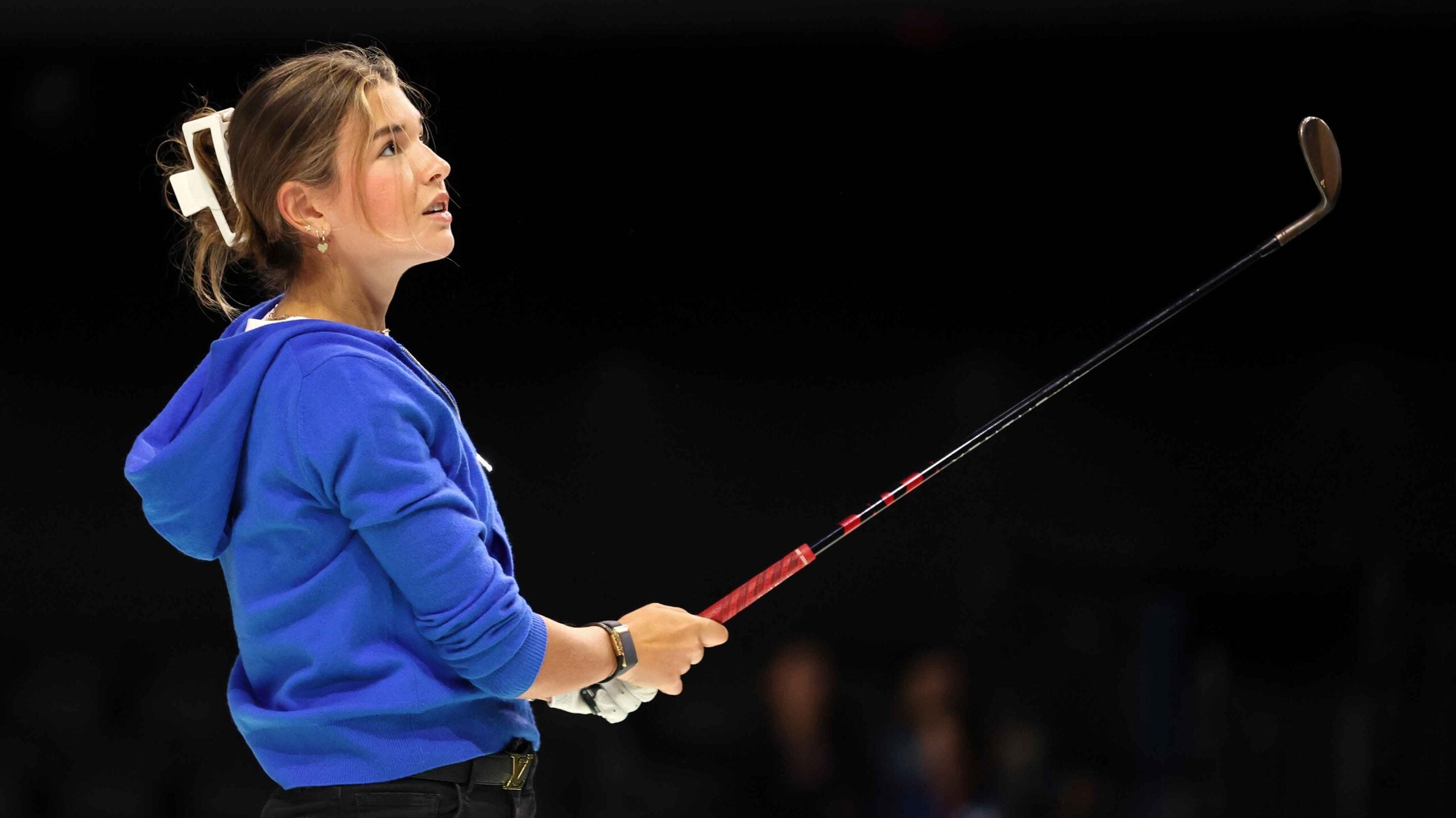 Kai Trump plays a shot before the TGL presented by SoFi match between the Jupiter Links Golf Club and Boston Common Golf at SoFi Center on January 27, 2025