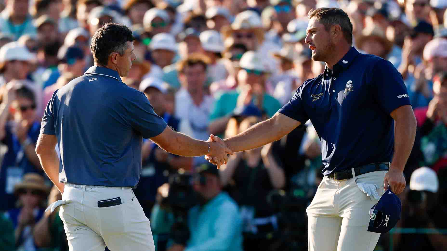 Rory McIlroy and Bryson DeChambeau shake hands after the final round of the 2025 Masters