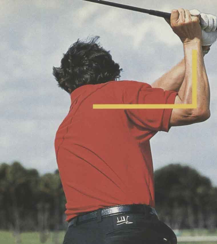 golfer in red shirt demonstrates power angle