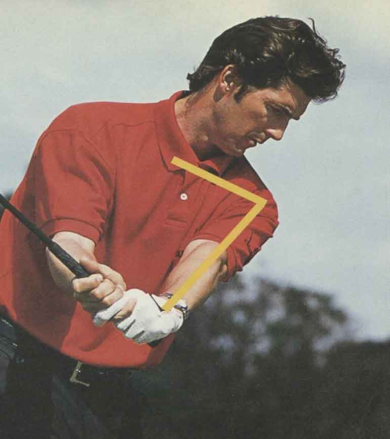 golfer in red shirt demonstrates power angle