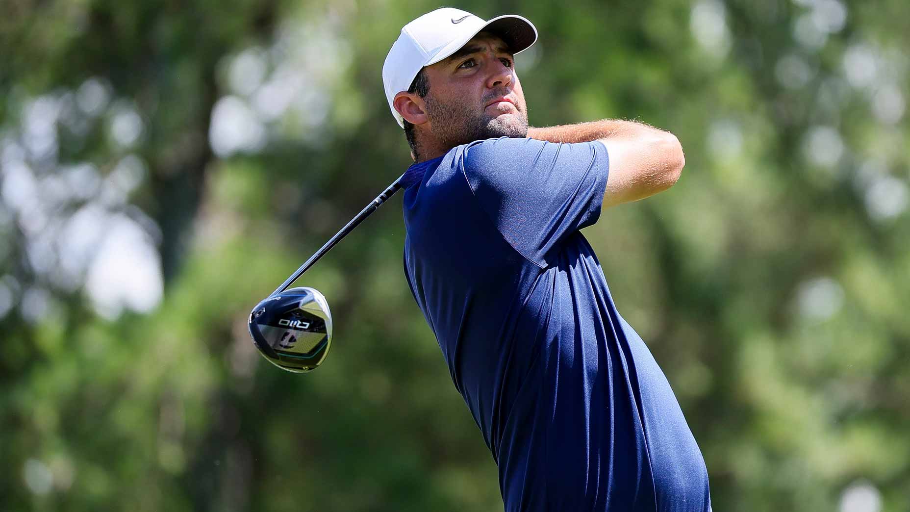 Scottie Scheffler hits a driver at the PGA Championship.