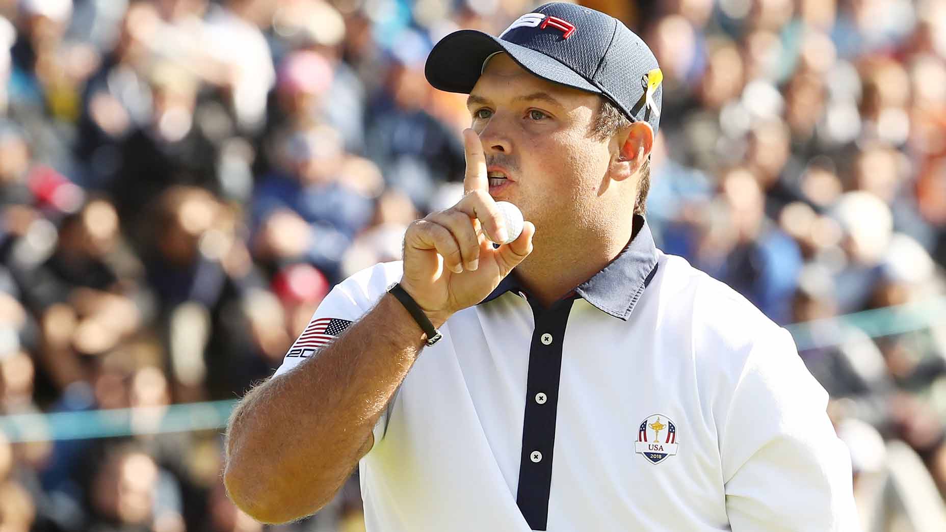 Patrick Reed shushes crowd during the 2018 Ryder Cup.