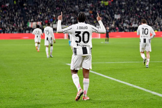 Jonathan David celebrates scoring for Juventus