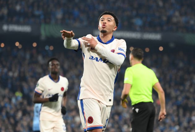 Jadon Sancho celebrates scoring for Chelsea