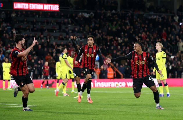 Marcos Senesi celebrating with Bournemouth teammates