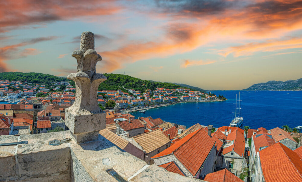 View from the tower of the church of St. Marco of the medieval town of Korcula, Croatia, Dalmatian coast. The Statute of Korčula was first drafted in 1214. Birthplace of famous navigator Marco Polo.