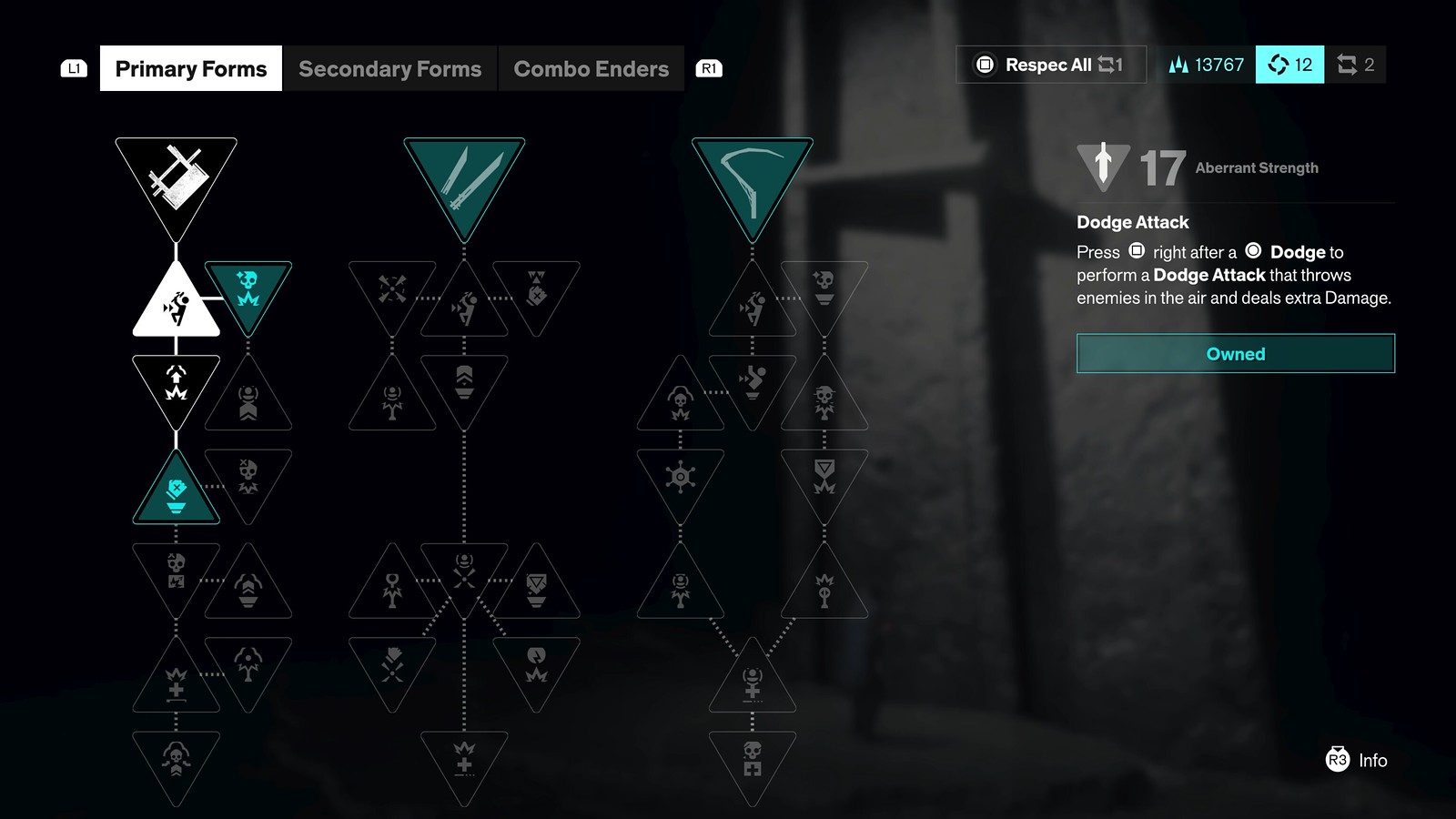 Screenshot of a the skill menu showing three tabs: Primary Forms (selected), Secondary Forms, and Combo Enders. Below these tabs, a branching tree of perks with different effects. A highlighted perk reads “Dodge Attack” under “17 Aberrant Strength,” with instructions to press Square right after a Circle dodge to launch enemies and deal extra damage, the perk in question is highlighted and marked as owned.