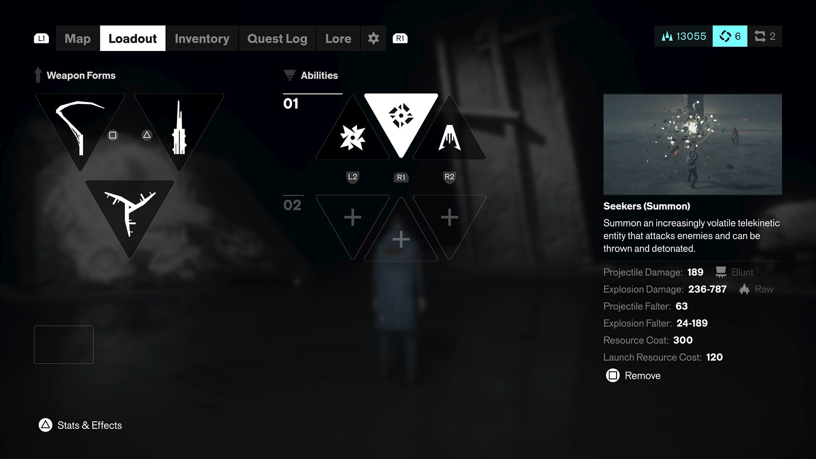 Screenshot of the Loadout menu. On the left, “Weapon Forms” shows three different weapon shapes. In the center, an “Abilities” section shows “01” with three ability icons (one of which is highlighted) attributed to L2, R1 and R2. Below, another section shows “02” with unfilled slots. On the right, a preview image and details for “Seekers (Summon)”, the highlighted icon from the previous section, describes summoning a volatile telekinetic entity that attacks enemies and can be thrown and detonated, with stats listed (Blunt-type Projectile Damage 189, Raw-type Explosion Damage 236–787, Projectile Falter 63, Explosion Falter 24 to 189, Resource Cost 300, Launch Resource Cost 120) and an option to remove it.